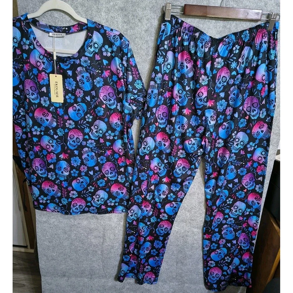 Ekouaer Satin Black Skull Skeleton Pull On Pajamas M Short Sleeve Tie Waist NWT